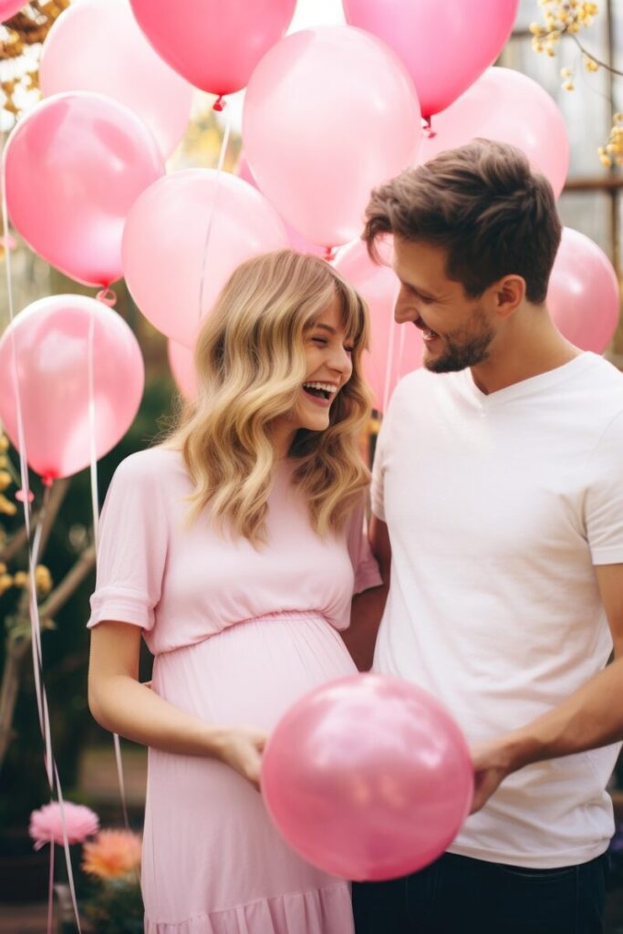 ai generated, couple, pregnant, parents, parenthood, nature, baby shower, happy, happiness, lovers, love, balloons, celebration, party, pregnancy, expecting, garden, smile, laughter, joy, family